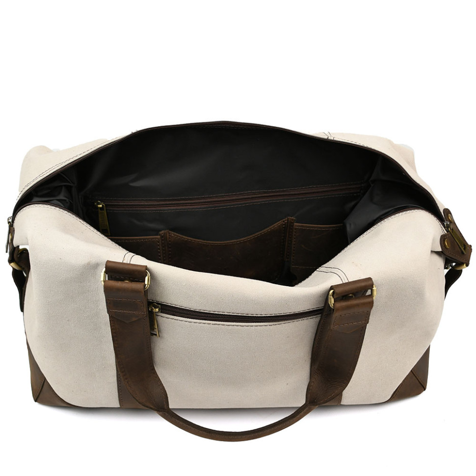 Travel sports bag TARWA RCj-0320-4lx made of beige canvas and crazy horse leather