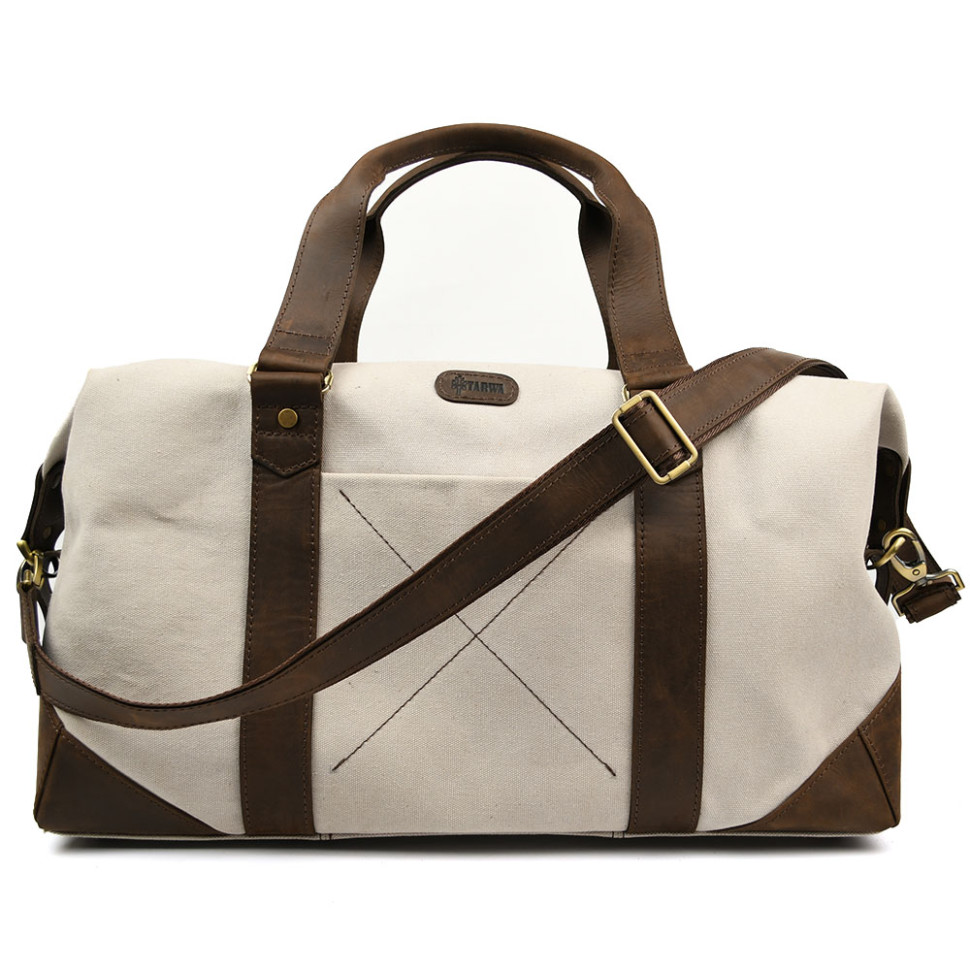Travel sports bag TARWA RCj-0320-4lx made of beige canvas and crazy horse leather