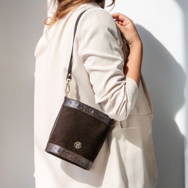 Ostrea Suede and ostrich-effect printed leather bucket bag