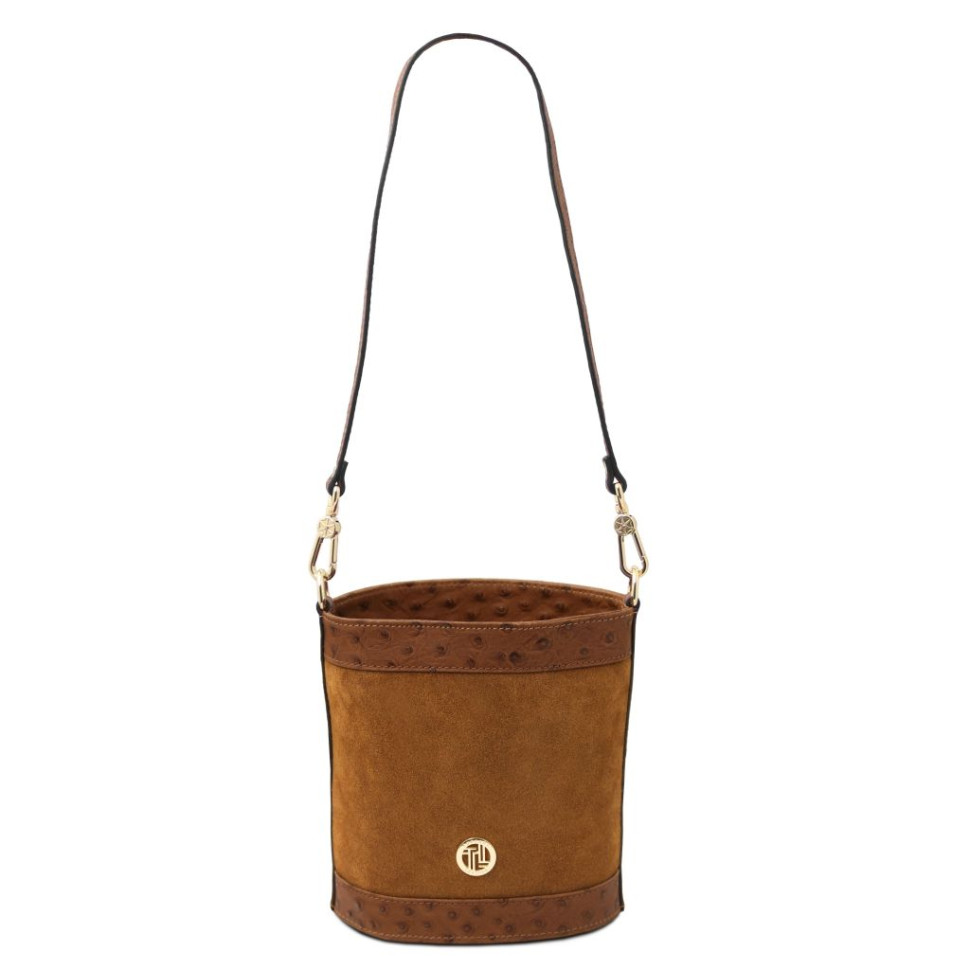 Ostrea Suede and ostrich-effect printed leather bucket bag