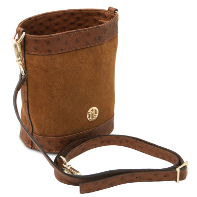 Ostrea Suede and ostrich-effect printed leather bucket bag