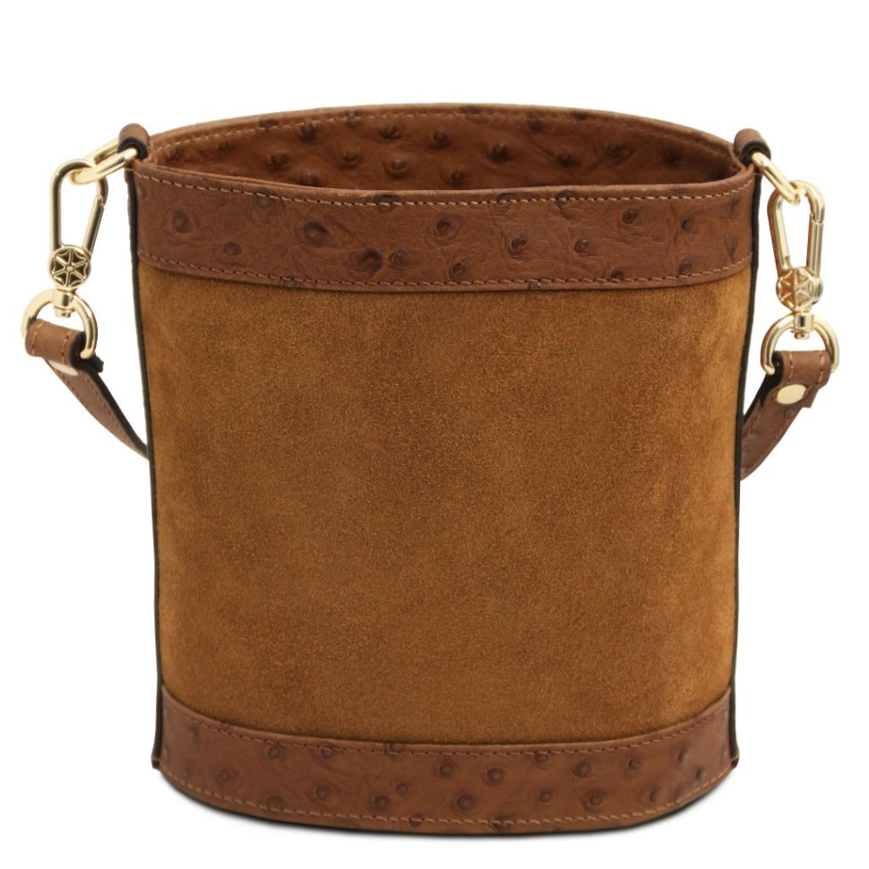 Ostrea Suede and ostrich-effect printed leather bucket bag