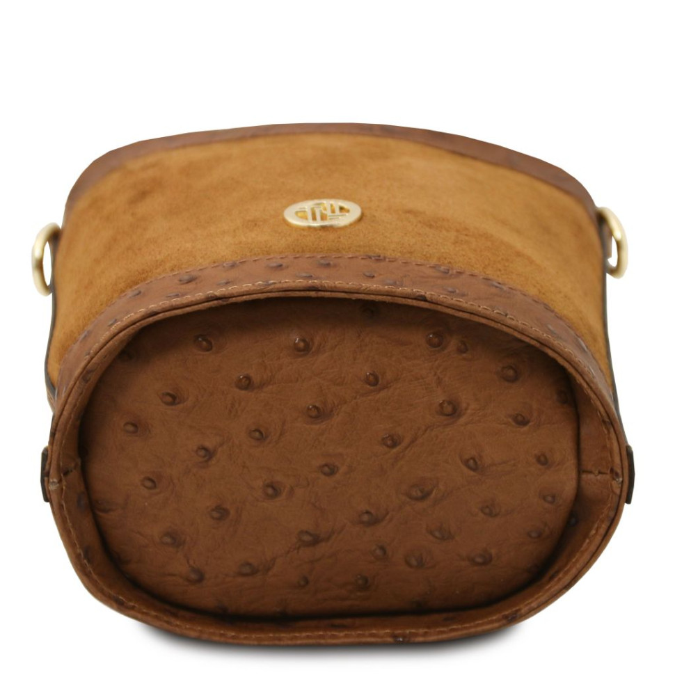 Ostrea Suede and ostrich-effect printed leather bucket bag