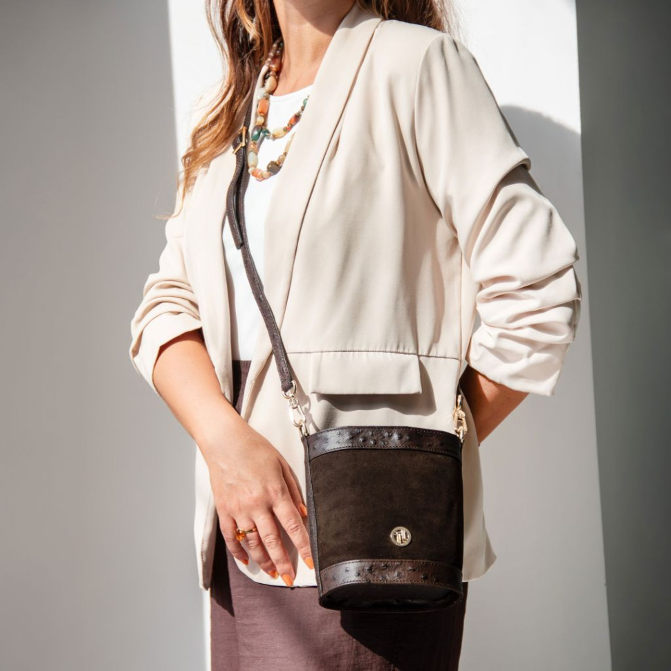 Ostrea Suede and ostrich-effect printed leather bucket bag