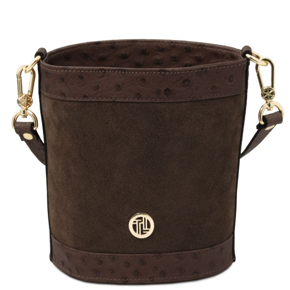 Ostrea Suede and ostrich-effect printed leather bucket bag