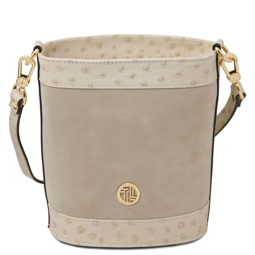 Ostrea Suede and ostrich-effect printed leather bucket bag