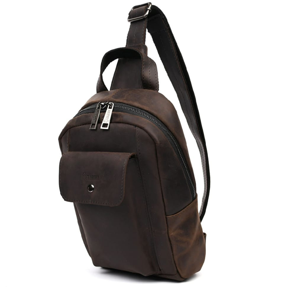 Рюкзак слінг шкіряний з передньою кишенею для телефону TARWA RC-6040-3md коричневий