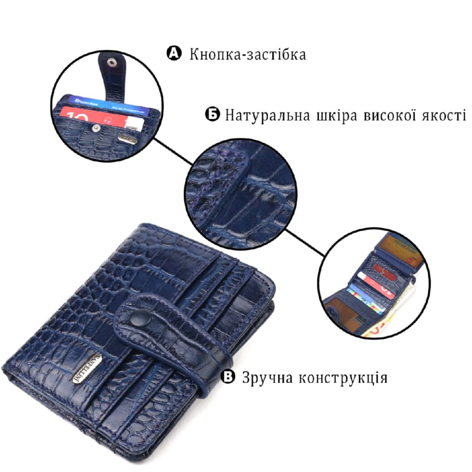 Цікавий гаманець із натуральної шкіри з тисненням під крокодила CANPELLINI 21687 Синій
