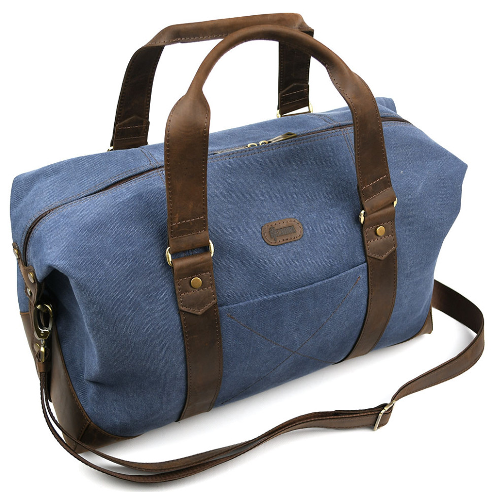 Travel sports bag TARWA RCk-0320-4lx made of blue canvas and crazy horse leather