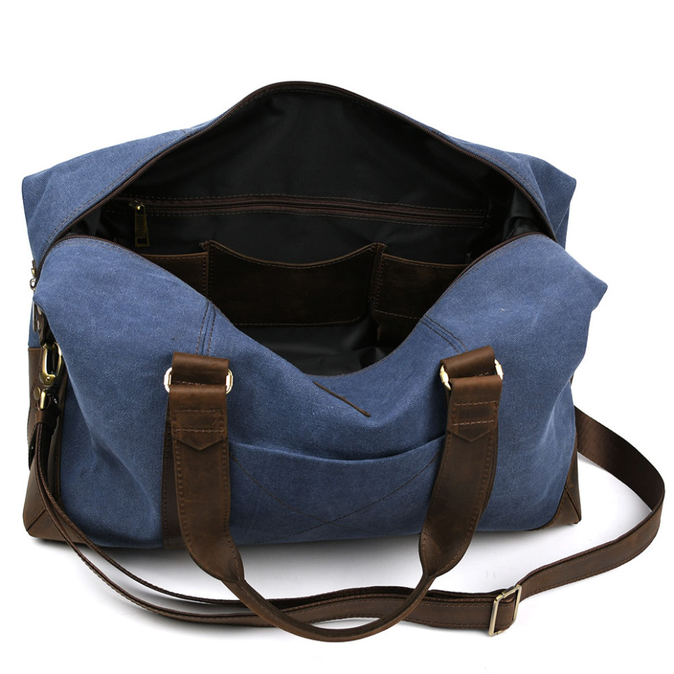 Travel sports bag TARWA RCk-0320-4lx made of blue canvas and crazy horse leather
