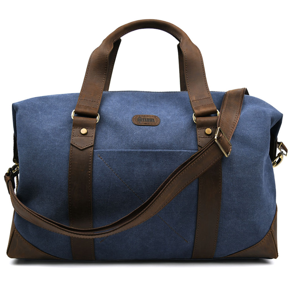 Travel sports bag TARWA RCk-0320-4lx made of blue canvas and crazy horse leather