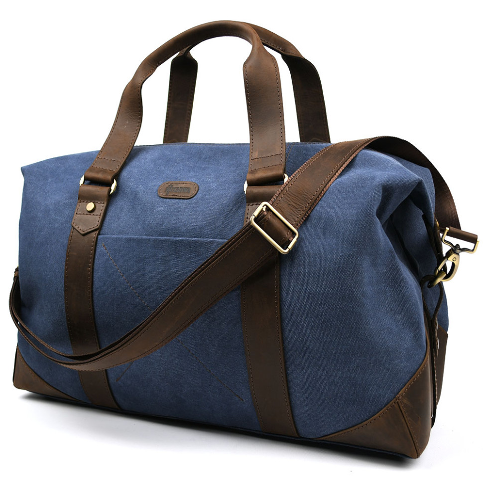 Travel sports bag TARWA RCk-0320-4lx made of blue canvas and crazy horse leather