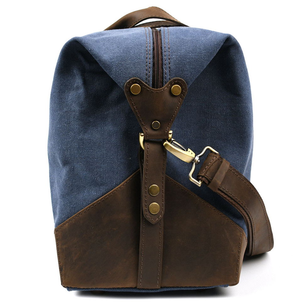 Travel sports bag TARWA RCk-0320-4lx made of blue canvas and crazy horse leather