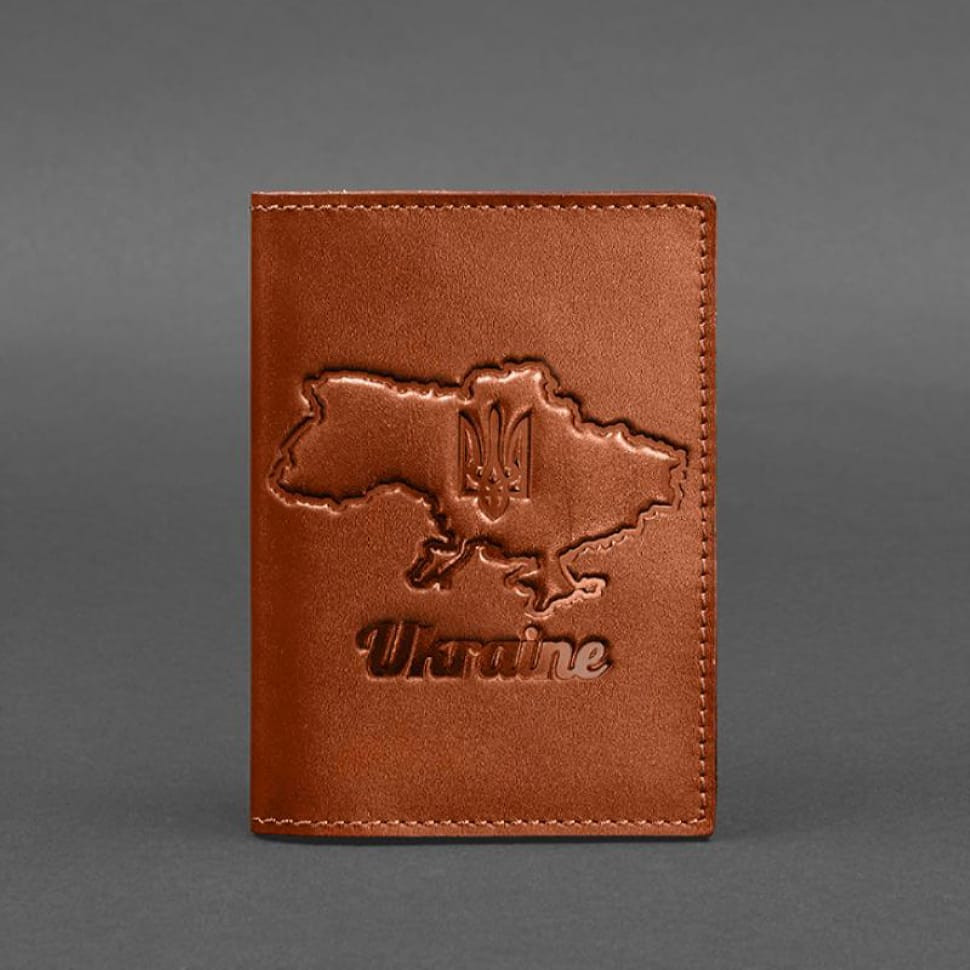 Шкіряна обкладинка для паспорта з карткою України світло-коричневий краст