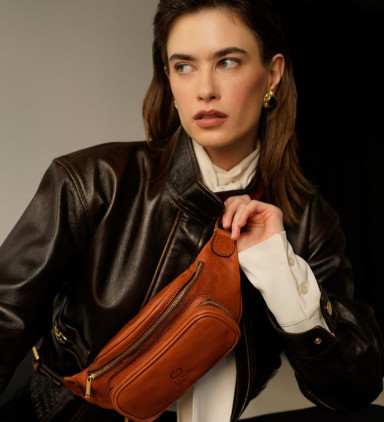 Womens Leather Sling Bag Belly Bag - Independent People -  Cognac Brown color -  Time Resistance 5215801W