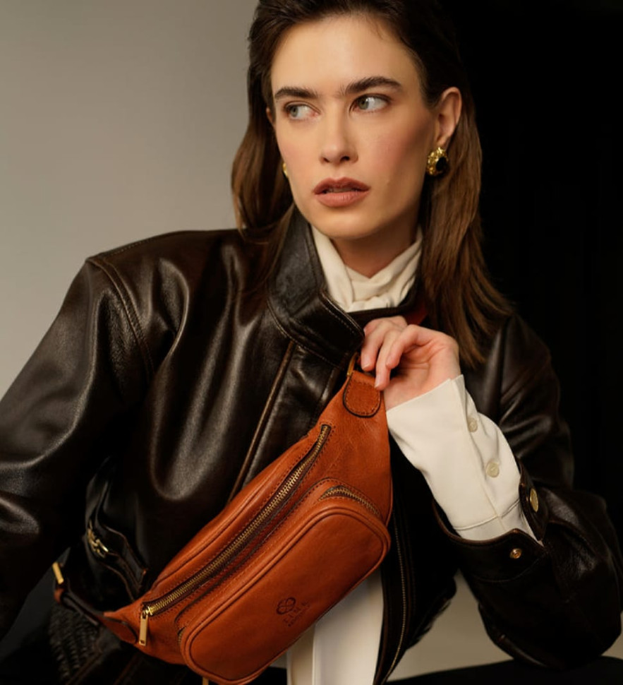 Womens Leather Sling Bag Belly Bag - Independent People -  Cognac Brown color -  Time Resistance 5215801W