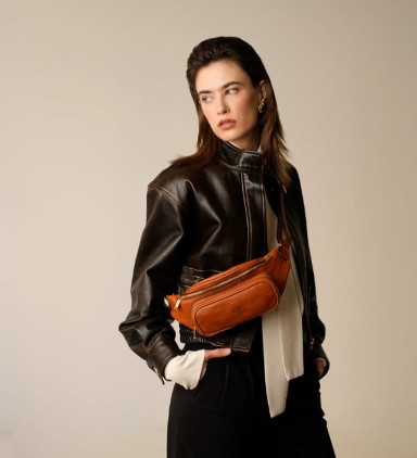 Womens Leather Sling Bag Belly Bag - Independent People -  Cognac Brown color -  Time Resistance 5215801W