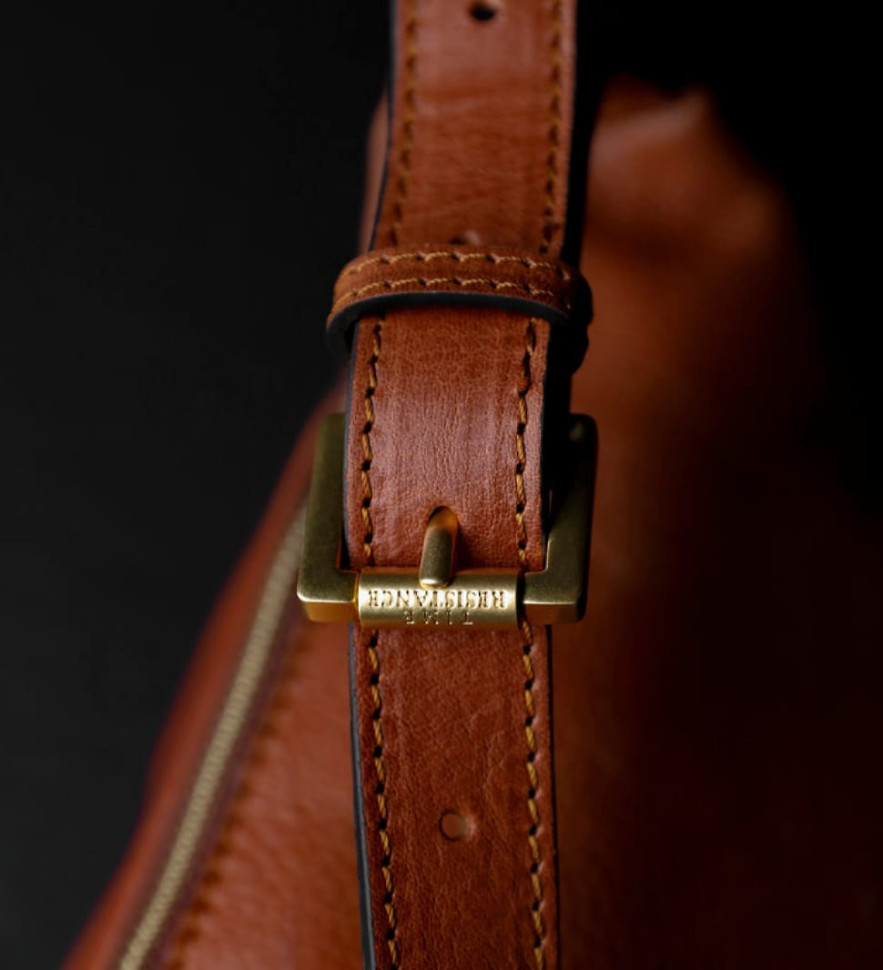 Womens Leather Sling Bag Belly Bag - Independent People -  Cognac Brown color -  Time Resistance 5215801W