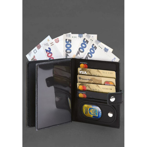 Шкіряна обкладинка-портмоне для військового квитка з кишенею для жетону 15.1 Чорна