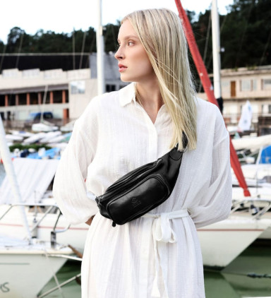 Womens Leather Sling Bag Belly Bag - Independent People -  Black color -  Time Resistance 5225001W