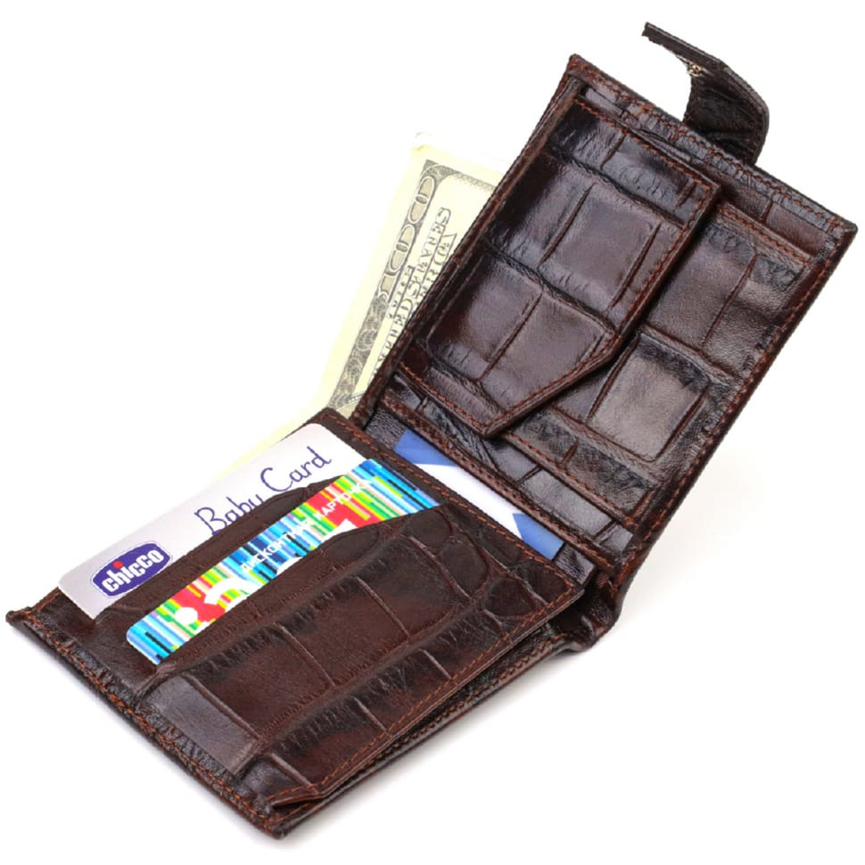 Стильний горизонтальний гаманець для чоловіків з натуральної шкіри з тисненням під крокодила CANPELLINI 21890 Коричневий