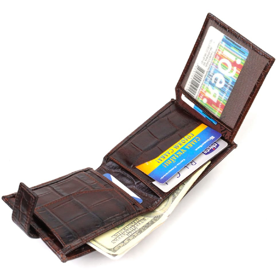 Стильний горизонтальний гаманець для чоловіків з натуральної шкіри з тисненням під крокодила CANPELLINI 21890 Коричневий