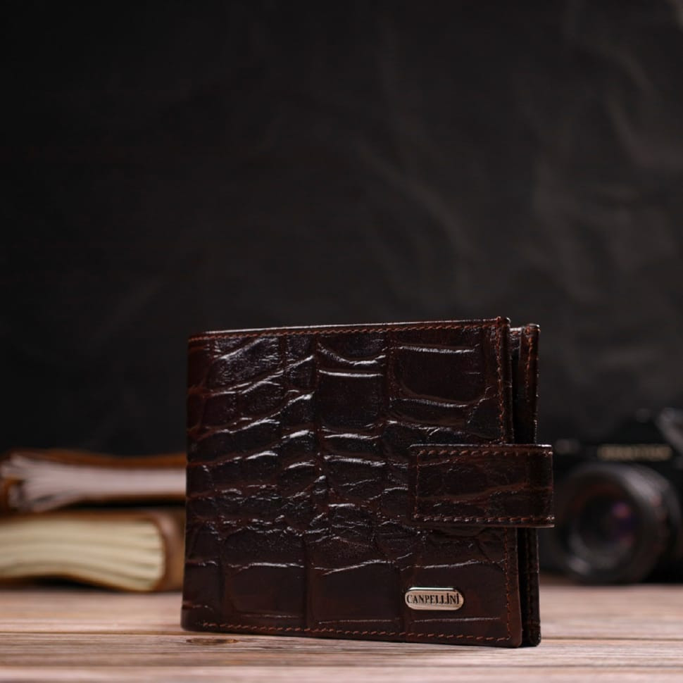 Стильний горизонтальний гаманець для чоловіків з натуральної шкіри з тисненням під крокодила CANPELLINI 21890 Коричневий