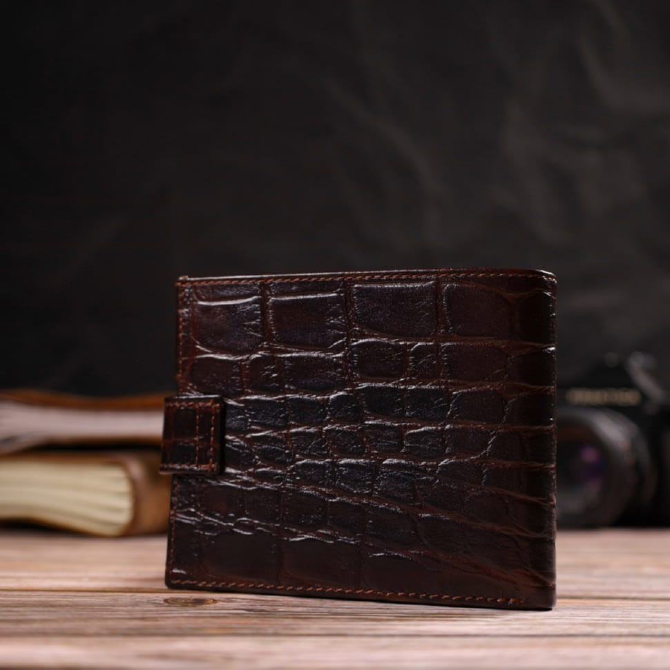 Стильний горизонтальний гаманець для чоловіків з натуральної шкіри з тисненням під крокодила CANPELLINI 21890 Коричневий