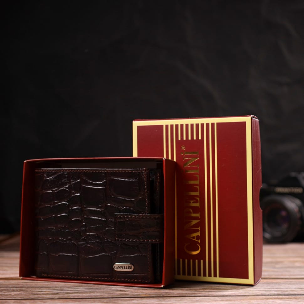 Стильний горизонтальний гаманець для чоловіків з натуральної шкіри з тисненням під крокодила CANPELLINI 21890 Коричневий