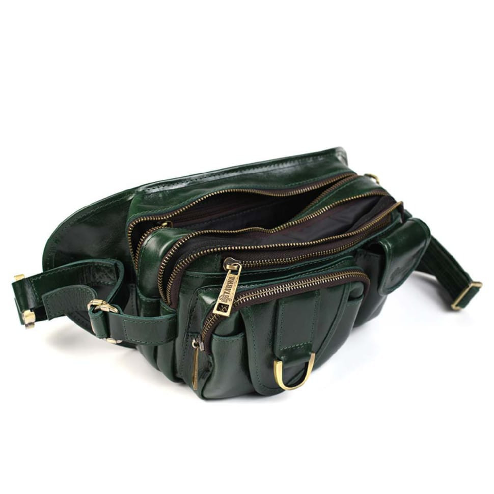 Шкіряна поясна сумка на три відділи TARWA GE-1560-4lx зелена Наппа