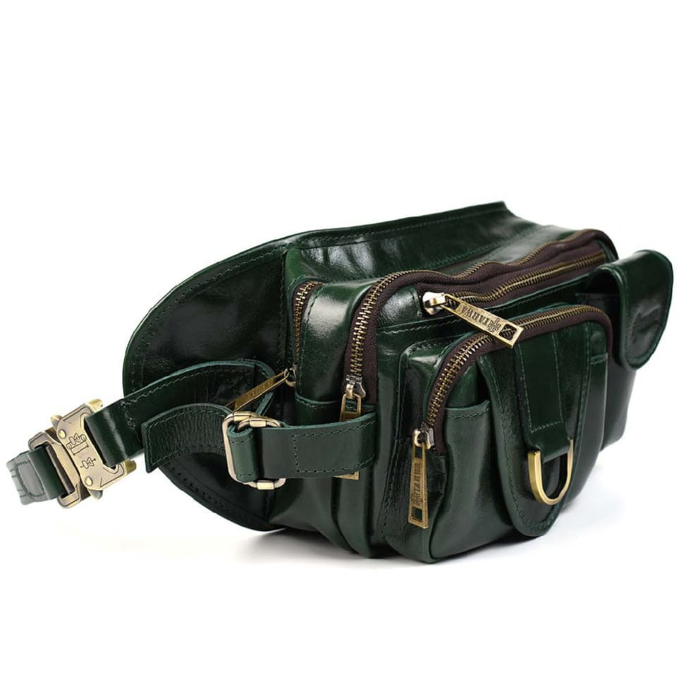 Шкіряна поясна сумка на три відділи TARWA GE-1560-4lx зелена Наппа