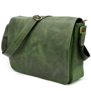 Mens leather shoulder bag with flap TARWA RE-1047-3md green