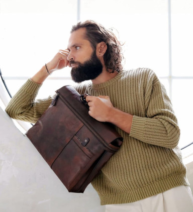 Leather Briefcase Laptop Bag - From Here to Eternity - Brown Matte color - Time Resistance 5240101