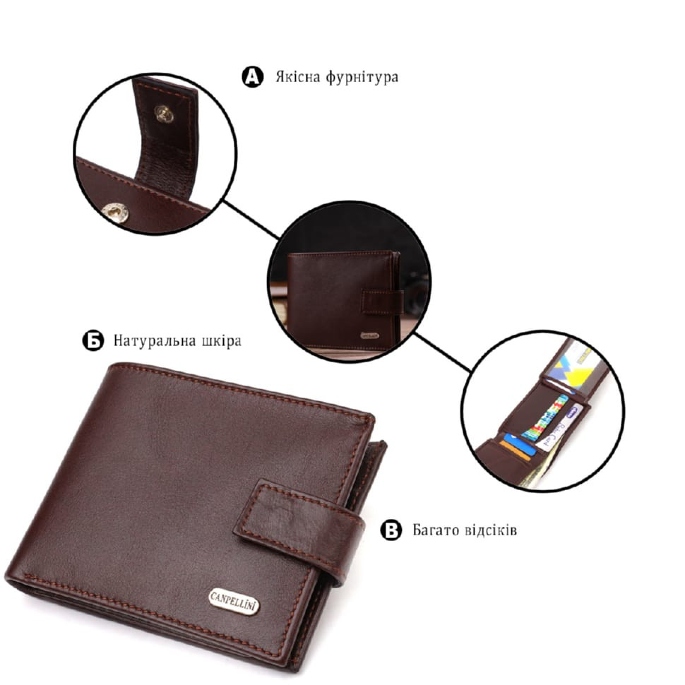 Цікавий горизонтальний гаманець для чоловіків з натуральної гладкої шкіри CANPELLINI 21892 Коричневий