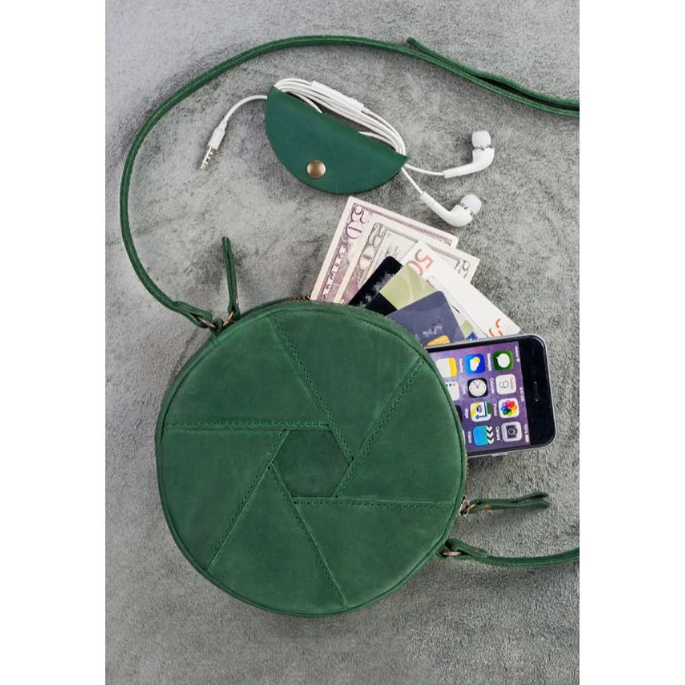Leather round women's bag Bon-Bon green Crazy Horse