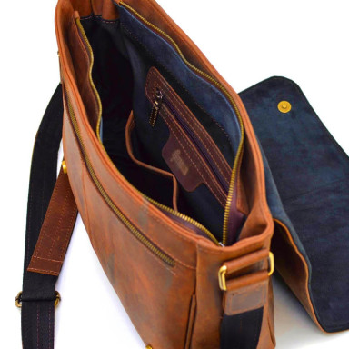 Mens leather shoulder bag with flap TARWA RY-1047-3md terracotta
