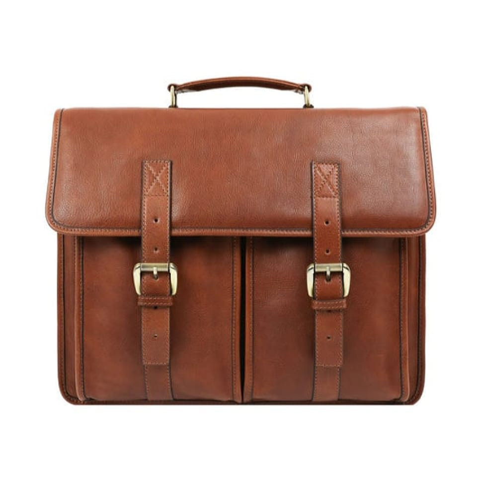 Leather Briefcase, Satchel Bag - The Time Machine - Cognac Matte Brown