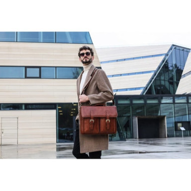 Leather Briefcase, Satchel Bag - The Time Machine - Cognac Matte Brown