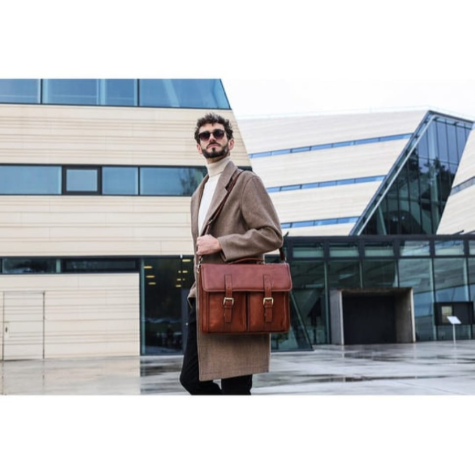 Leather Briefcase, Satchel Bag - The Time Machine - Cognac Matte Brown