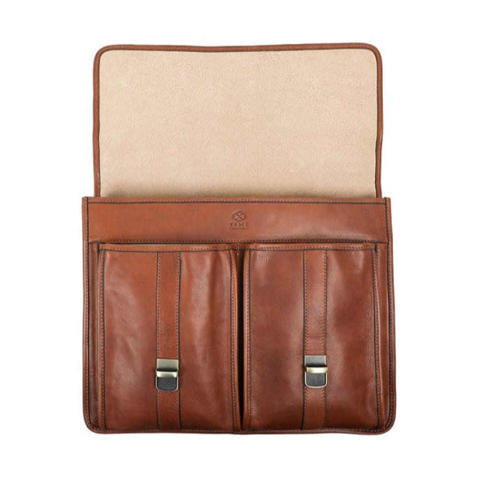 Leather Briefcase, Satchel Bag - The Time Machine - Cognac Matte Brown