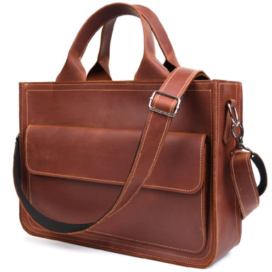 Leather briefcase bag for documents laptop LIMARY lim-380RB cognac