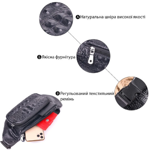 Стильна поясна сумка з натуральної шкіри з фактурою під крокодила 21297 Vintage Чорна