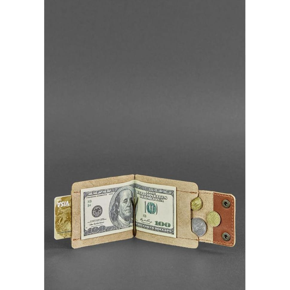 Чоловічий шкіряний портмоне світло-коричневий 10.0 затискач для грошей